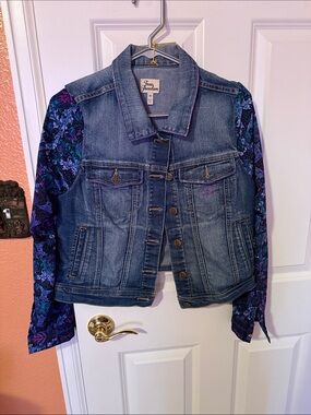 True Freedom Denim Jacket with Purple Floral Print Sleeves